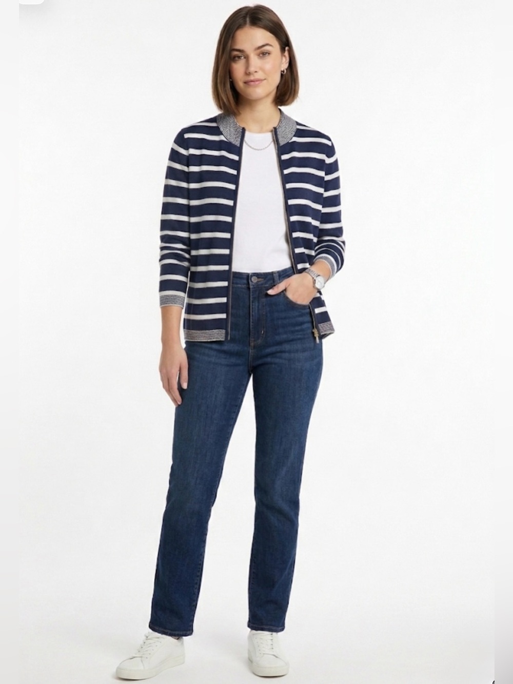 Madison Grey New York Navy & White Striped Full-Zip Cardigan NWT